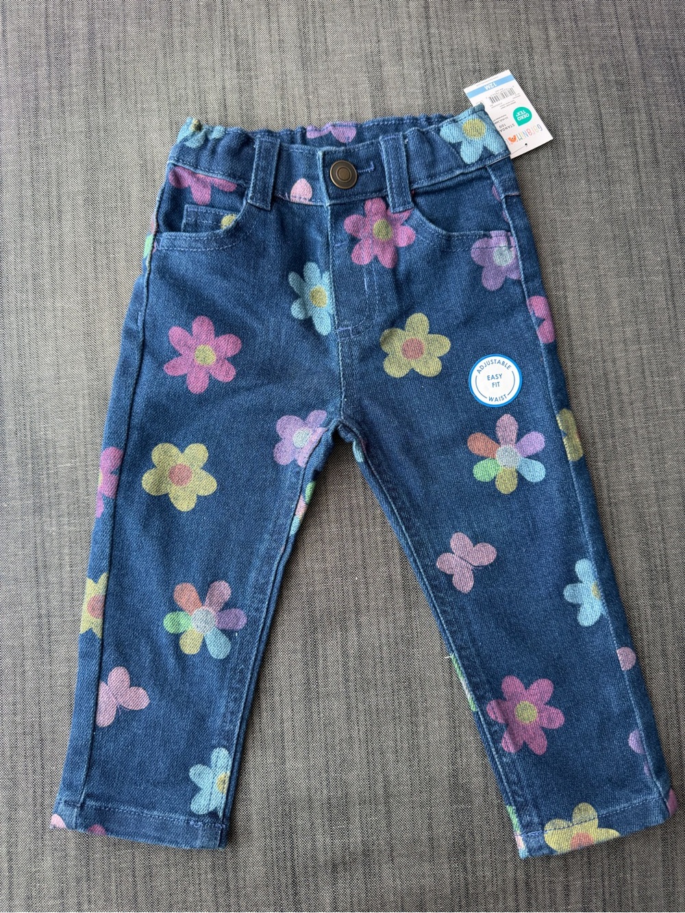 Navy Floral Print Kids Stretch Denim Pants